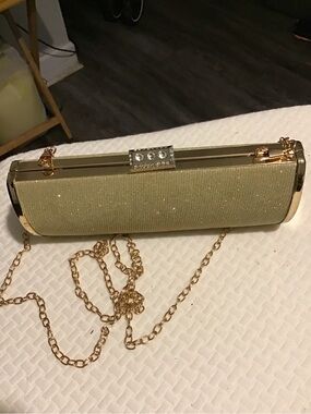 Gold Glitter Evening Clutch with Chain Strap